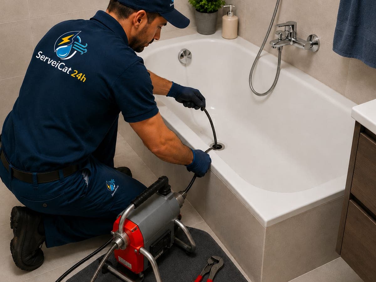 Técnico de ServeiCat realizando un desatasco urgente en una bañera con máquina profesional